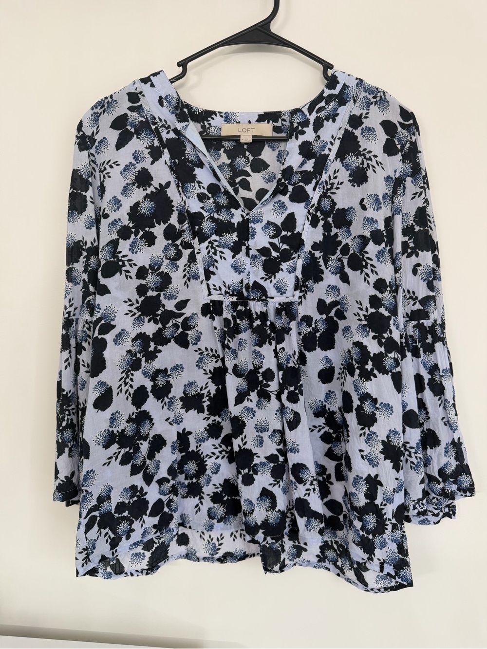 LOFT Light Blue and Navy Floral Peasant Blouse